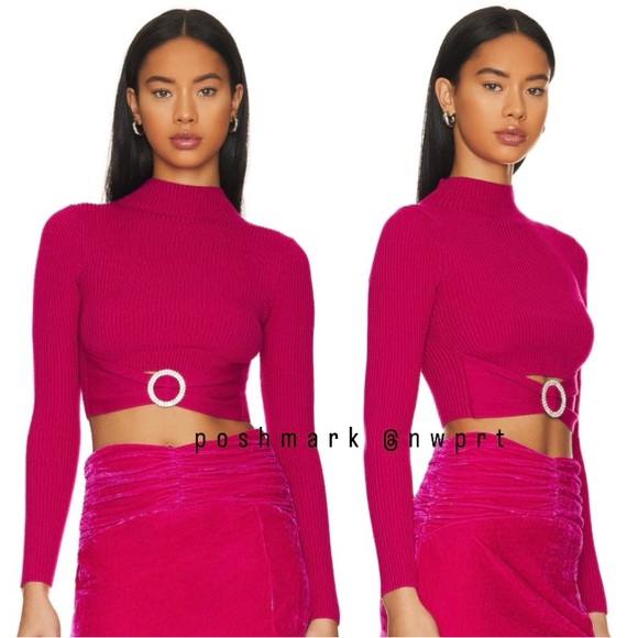 Lovers + Friends Sweaters - LOVERS + FRIENDS Odilia Mock Neck Knit Top Sweater Magenta Hot Pink Crystal XS
